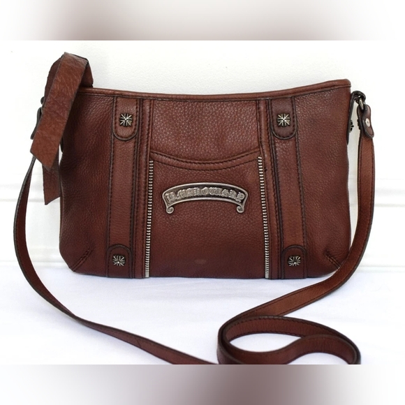 Vintage Y2K Brown Red Leather Studed Crossbody Bag Moto Boho Grunge - Picture 2 of 13